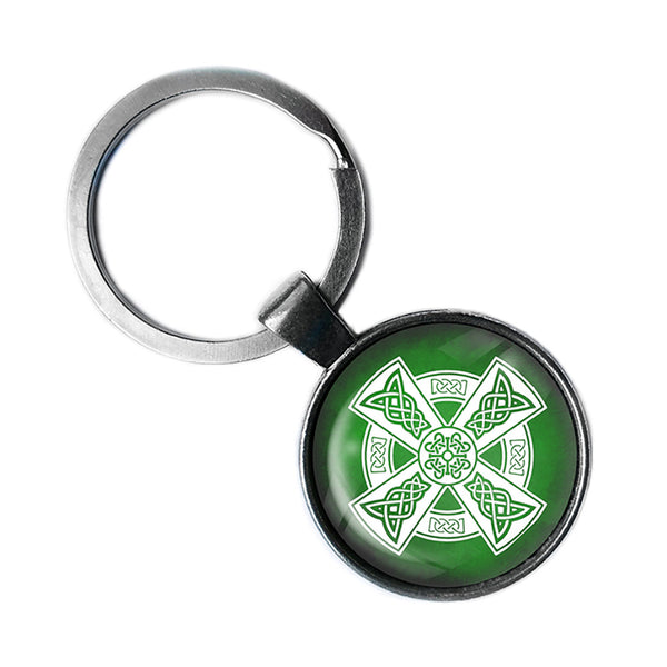 Celtic Cross White on Green Antique Silver Keychain
