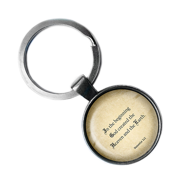 Genesis 1:1 God Created the Heaven and Earth King James Version KJV Bible Antique Silver Keychain