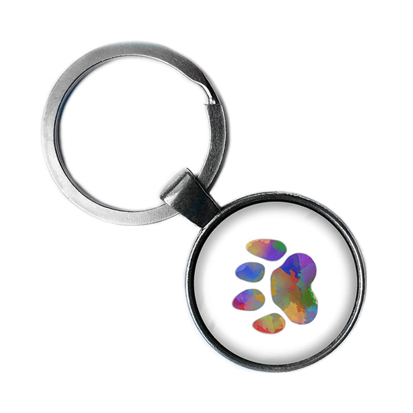 Cat Paw Print Rainbow Watercolor Antique Silver Keychain