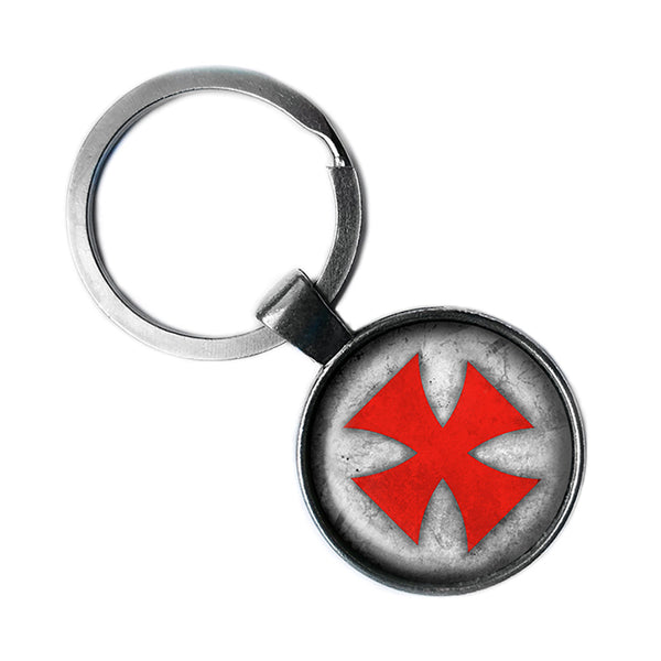 Worn Knights Templar Cross Red on White Antique Silver Keychain
