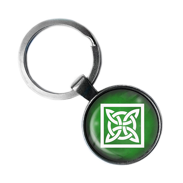 Celtic Knot Square White on Green Antique Silver Keychain