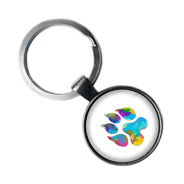Leopard Paw Print Rainbow Watercolor Antique Silver Keychain