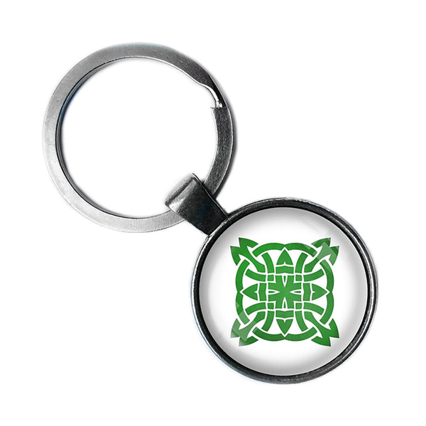 Celtic Knot Circle Green on White Antique Silver Keychain