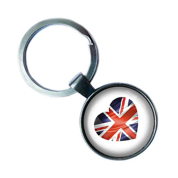 UK United Kingdom Flag Heart Antique Silver Keychain