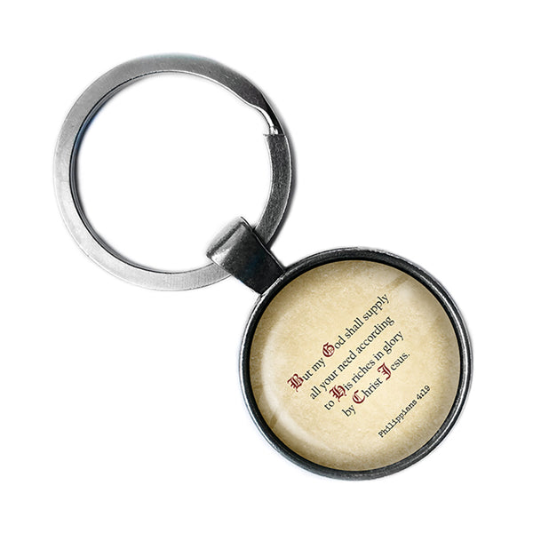 Philippians 4:19 God Shall Supply all your Need King James Version KJV Bible Antique Silver Keychain