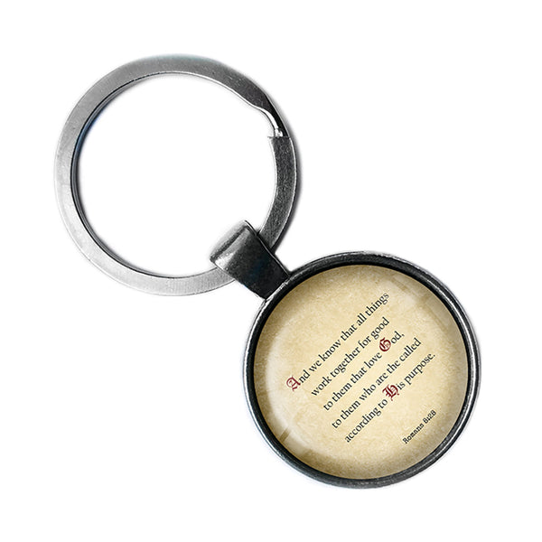 Romans 8:28 Love God According to his Purpose King James Version KJV Bible Antique Silver Keychain