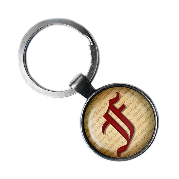 F Letter Old English Gothic Blackletter Magna Carta Antique Silver Keychain
