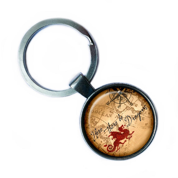 Ancient Map Here there be Dragons Antique Silver Keychain