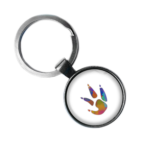 Chicken Paw Print Rainbow Watercolor Antique Silver Keychain