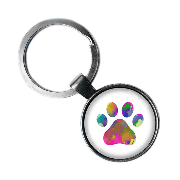 Dog Paw Print Rainbow Watercolor Antique Silver Keychain