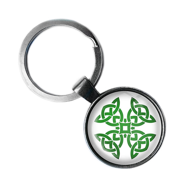 Celtic Knot Cross Green on White Antique Silver Keychain