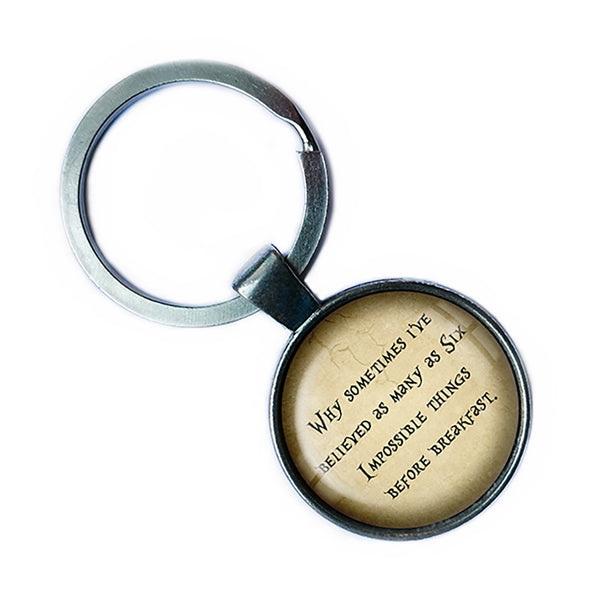 Alice in Wonderland Six Impossible Things Before Breakfast Antique Silver Keychain
