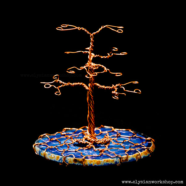 Small Copper Wire and Blue Agate Crystal Jewelry Earring Tree Sculpture