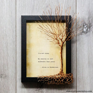 I'm Not Crazy My Reality is Just Different Alice in Wonderland Hand Typed and Aged Page in Frame