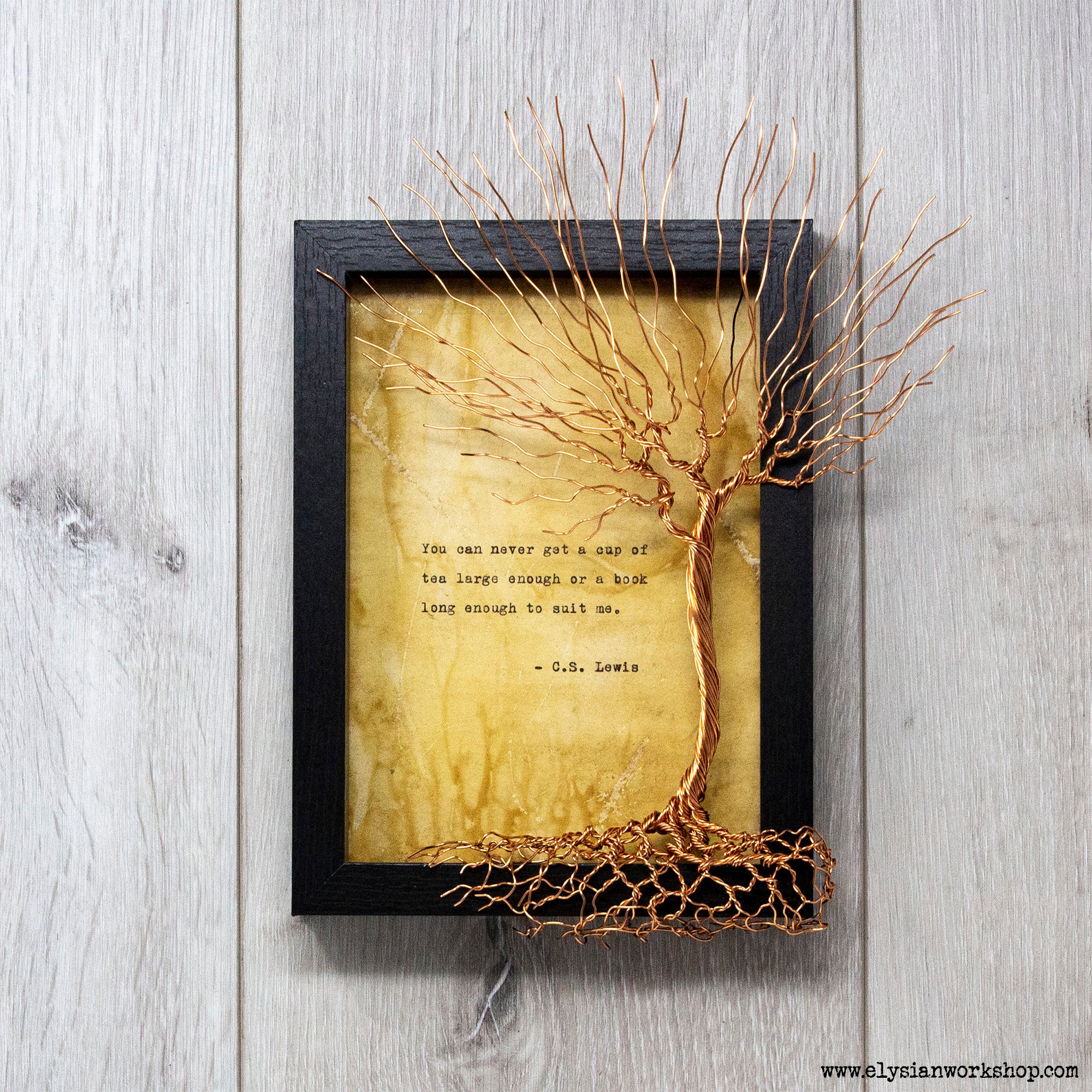 Cup of Tea and Books C.S. Lewis Hand Typed and Aged Page in Frame