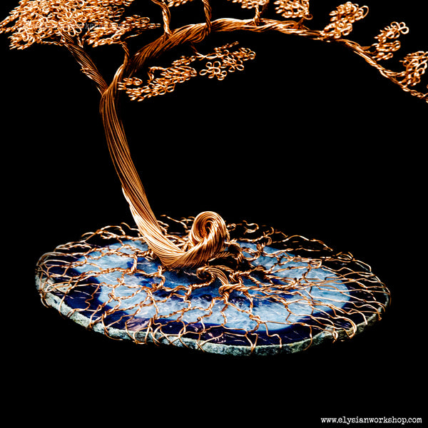 Handmade Large Copper Wire Cascade Bonsai Tree Sculpture on Blue Agate Crystal