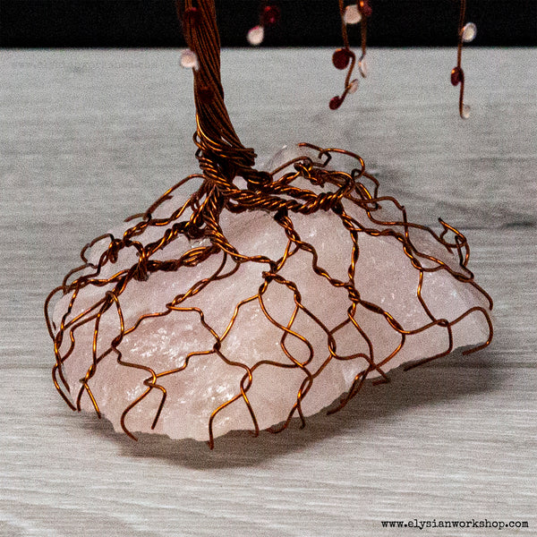 Queen of Hearts Red White Wire Willow Bonsai Tree Rose Quartz Crystal