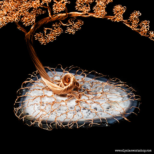 Handmade Large Copper Wire Cascade Bonsai Tree Sculpture on Grey Agate Crystal