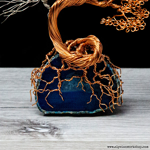 Copper  and Tinned Copper Silver Wire Bonsai Tree Blue Agate Geode Crystal