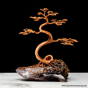 Copper Wire Wide Bonsai Tree Sculpture on Amethyst Crystal