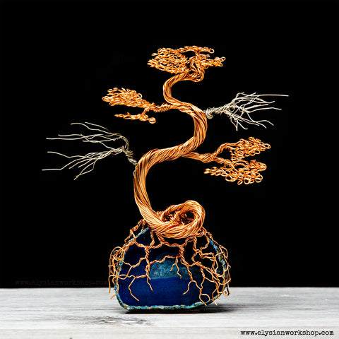 Copper  and Tinned Copper Silver Wire Bonsai Tree Blue Agate Geode Crystal
