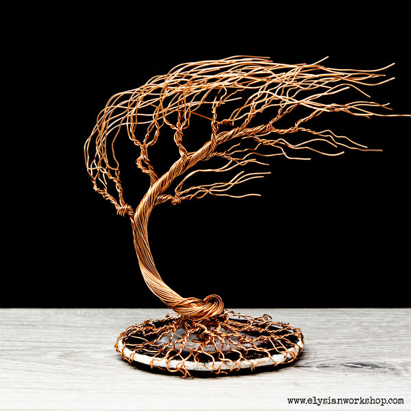 Handmade Copper Wire Cascade Windswept Bonsai Tree Sculpture on Grey Agate Crystal.