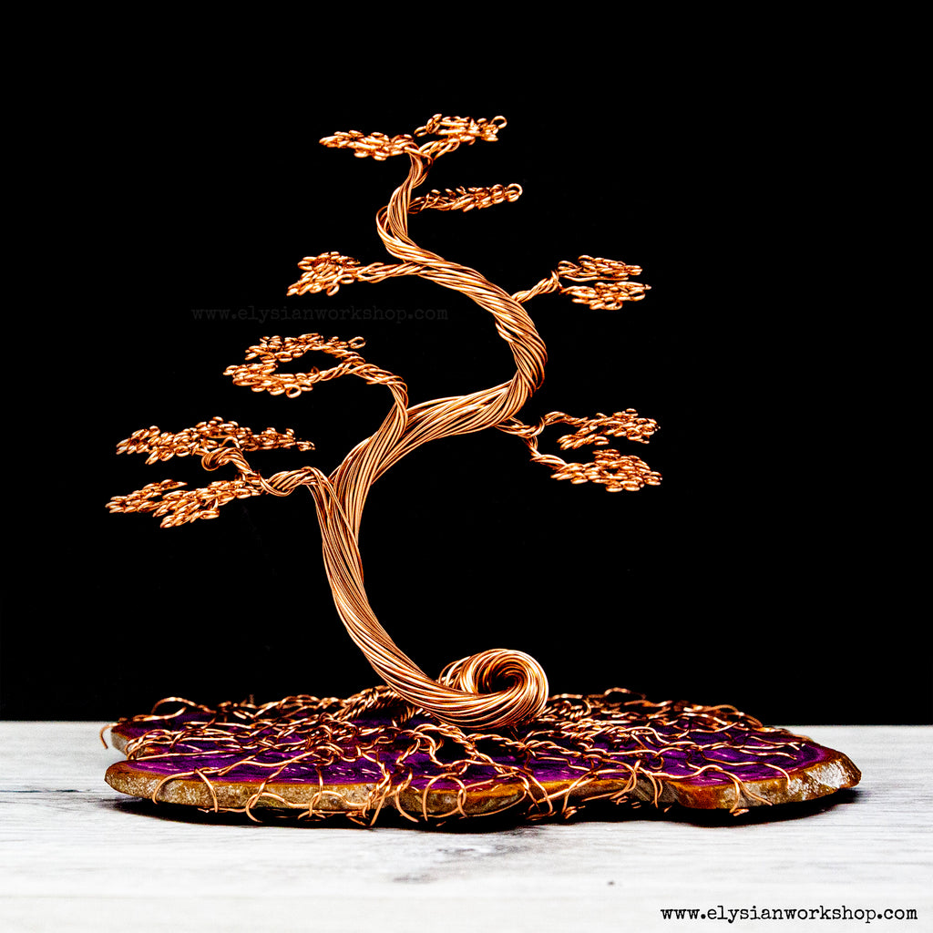 crystal bonsai trees Copper Wire Cascade Bonsai Tree Sculpture on Pink Purple Agate Crystal – Elysian Workshop
