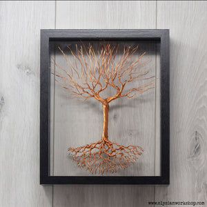 Floating Copper Wire Tree of Life Sculpture in Black Wood Frame