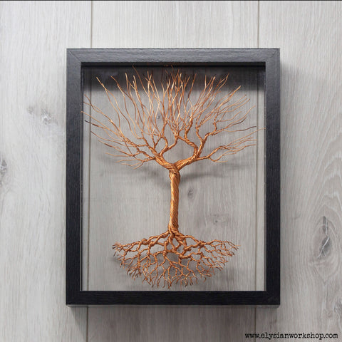 Floating Copper Wire Tree of Life Sculpture in Black Wood Frame