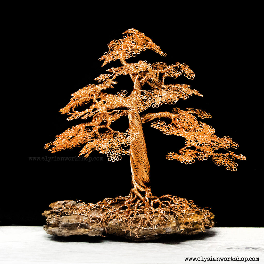 large wire bonsai tree Extra Large Wire Copper Cedar Tree Sculpture set on Ohko Stone. – Elysian Workshop