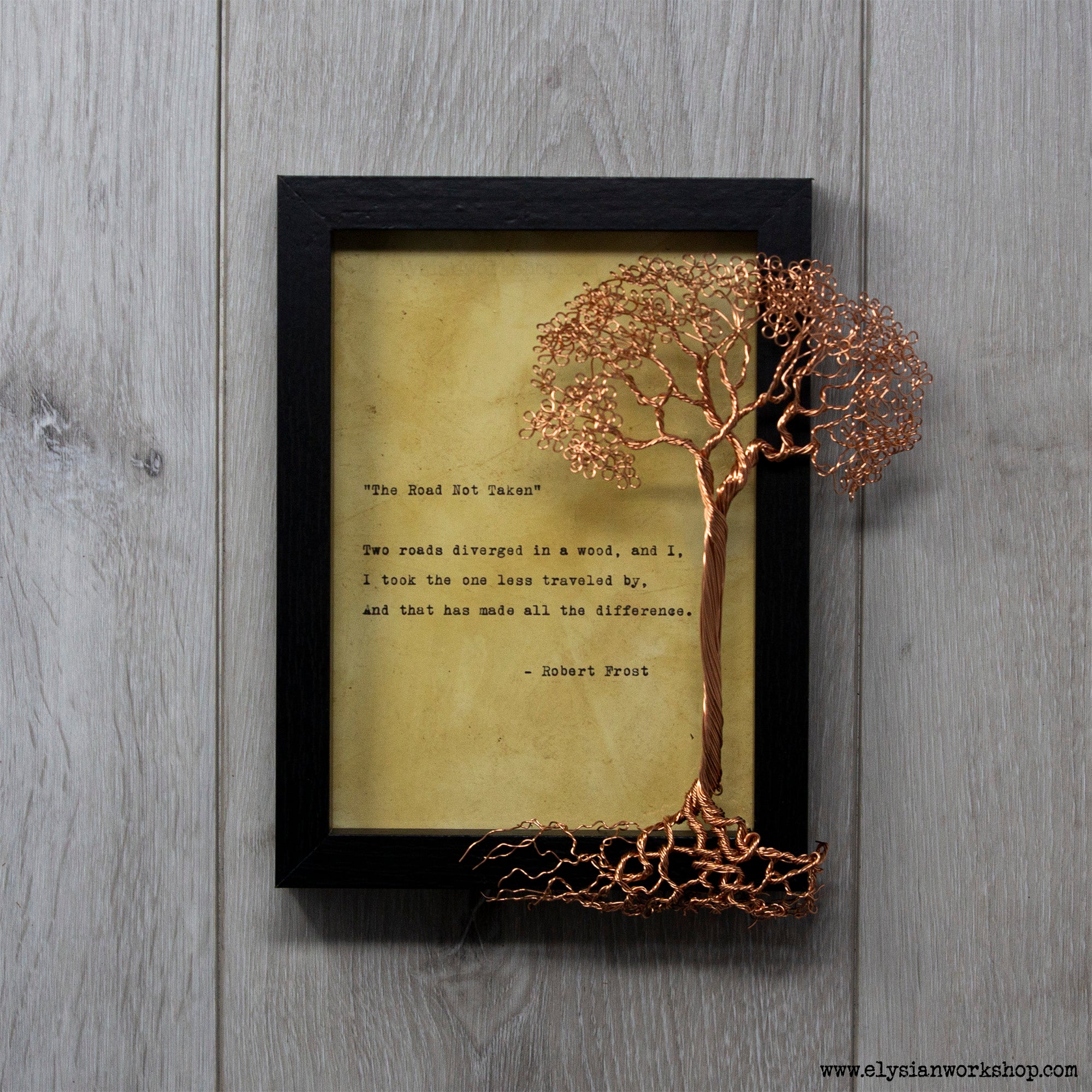 The Road Not Taken by Robert Frost Hand Typed and Aged Page in Frame