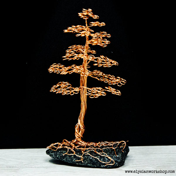 Copper Wire Cascade Bonsai Tree Forest Sculpture on Granite Blue Stone