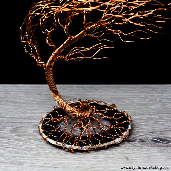 Handmade Copper Wire Cascade Windswept Bonsai Tree Sculpture on Grey Agate Crystal.